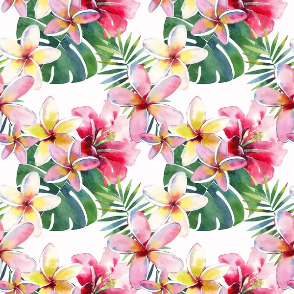 Parlak yeşil bitkisel tropikal harika hawaii çiçek yaz desen bir tropic palmiye yaprakları ve tropic pembe kırmızı menekşe mavi çiçekler ebegümeci, orkide, lily suluboya el çizimi