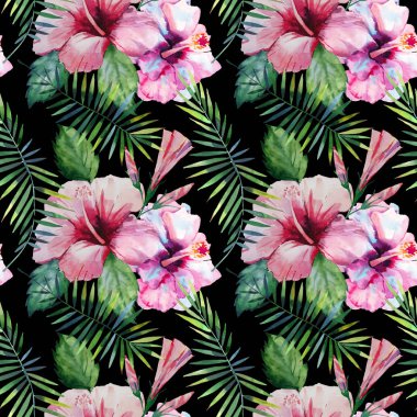 Parlak yeşil bitkisel tropikal harika hawaii çiçek yaz desen bir tropic palmiye yaprakları ve tropic pembe kırmızı menekşe mavi çiçekler ebegümeci, orkide, lily suluboya el çizimi