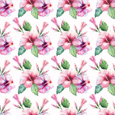 Parlak yeşil bitkisel tropikal harika hawaii çiçek yaz desen bir tropic palmiye yaprakları ve tropic pembe kırmızı menekşe mavi çiçekler ebegümeci, orkide, lily suluboya el çizimi