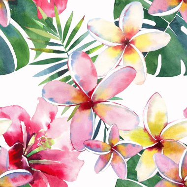 Parlak yeşil bitkisel tropikal harika hawaii çiçek yaz desen bir tropic palmiye yaprakları ve tropic pembe kırmızı menekşe mavi çiçekler ebegümeci, orkide, lily suluboya el çizimi