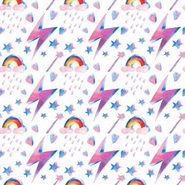 Parlak güzel güzel şirin peri büyülü renkli desen sihirli öğeleri: şimşek, gökkuşağı, sihirli değnek, kupa, suluboya el illüstrasyon yıldız. Tebrik kartları için mükemmel tekstil.