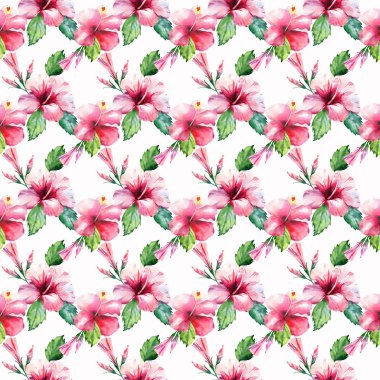 Parlak yeşil bitkisel tropikal harika hawaii çiçek yaz desen bir tropic palmiye yaprakları ve tropic pembe kırmızı menekşe mavi çiçekler ebegümeci, orkide, lily suluboya el çizimi