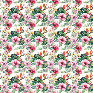Parlak yeşil bitkisel tropikal harika hawaii çiçek yaz desen bir tropic palmiye yaprakları ve tropic pembe kırmızı menekşe mavi çiçekler ebegümeci, orkide, lily suluboya el çizimi