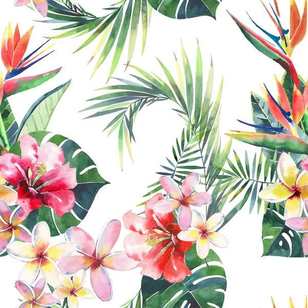 Parlak yeşil bitkisel tropikal harika hawaii çiçek yaz desen bir tropic palmiye yaprakları ve tropic pembe kırmızı menekşe mavi çiçekler ebegümeci, orkide, lily suluboya el çizimi
