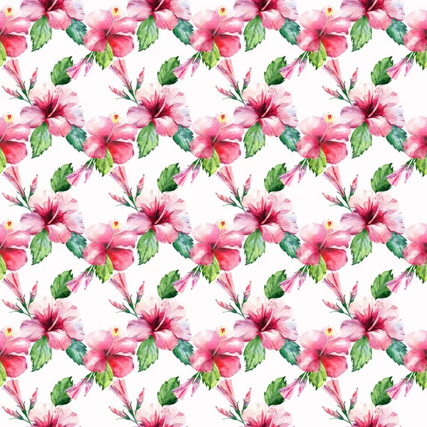 明るい緑ハーブ熱帯素晴らしいハワイ花夏パターン熱帯のヤシの葉とトロピック ピンク赤いバイオレット青い花ハイビスカス ユリ水彩手イラスト — ストック写真
