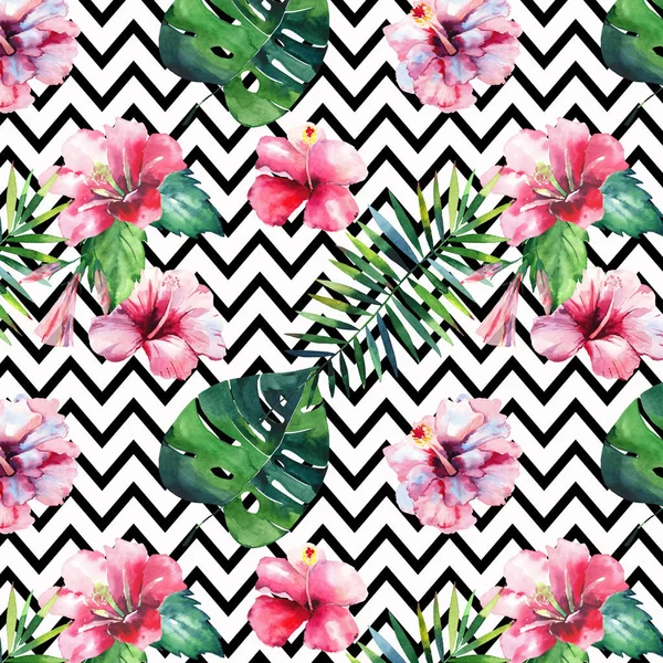 明るい緑ハーブ熱帯ハワイ花夏パターン熱帯のヤシの葉とトロピック ピンク赤いバイオレット青い花ハイビスカス ジグザグ背景手イラスト水彩 リリー — ストック写真