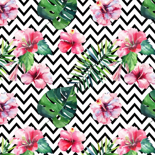 Bright green herbal tropical hawaii floral summer pattern of a tropic palm leaves and tropic pink red violet blue flowers hibiscus, orchid, lily watercolor on zigzag background hand illustration