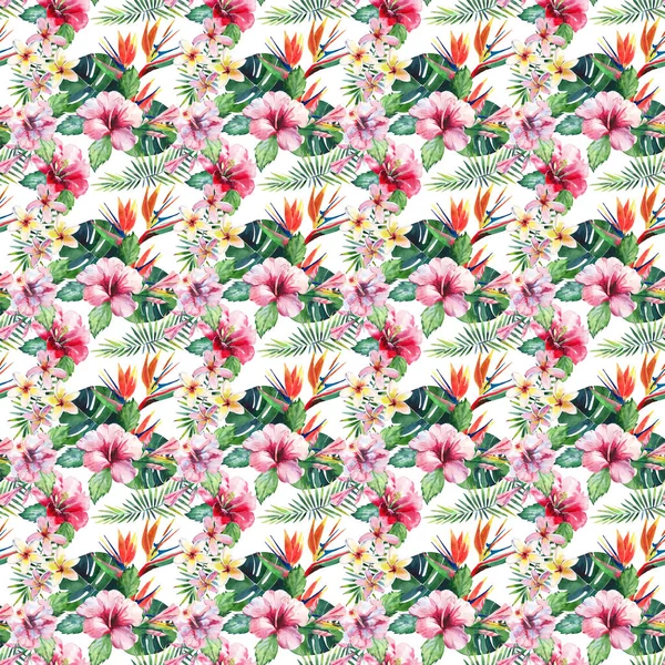 Bright green herbal tropical wonderful hawaii floral summer pattern of a tropic palm leaves and tropic pink red violet blue flowers hibiscus, orchid, lily watercolor hand illustration