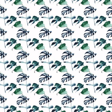 Parlak yeşil bitkisel tropikal harika hawaii çiçek yaz desen tropic monstera palmiye suluboya el illüstrasyon bırakır. Tekstil, duvar kağıtları, arka planlar için mükemmel