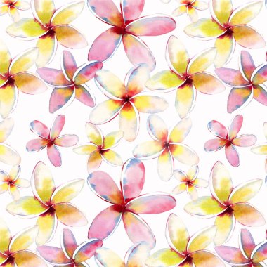 Parlak güzel yeşil çiçek bitkisel tropikal güzel hawaii şirin çok renkli yaz desenli bir tropikal kırmızı pembe beyaz sarı çiçekler suluboya el kroki. Tekstil için mükemmel