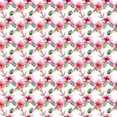 Parlak yeşil bitkisel tropikal harika hawaii çiçek yaz desen tropic pembe kırmızı menekşe mavi çiçekler hibiscus suluboya el çizimi. Mükemmel tebrik kartı, tekstil, duvar kağıtları için