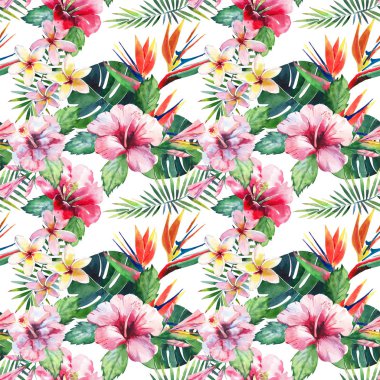 Parlak yeşil bitkisel tropikal harika hawaii çiçek yaz desen bir tropic palmiye yaprakları ve tropic pembe kırmızı menekşe mavi çiçekler ebegümeci, orkide, lily suluboya el çizimi