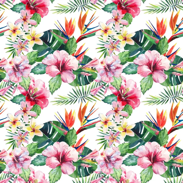 Bright green herbal tropical wonderful hawaii floral summer pattern of a tropic palm leaves and tropic pink red violet blue flowers hibiscus, orchid, lily watercolor hand illustration