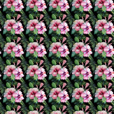 Parlak yeşil bitkisel tropikal hawaii çiçek yaz desen bir tropic palmiye yaprakları ve tropic pembe kırmızı menekşe mavi çiçekler ebegümeci, orkide, koyu arka plan el çizimi üzerine lily suluboya