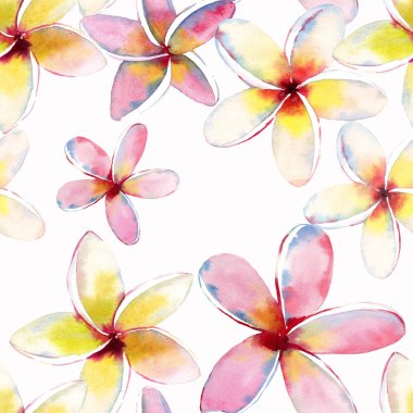 Parlak güzel yeşil çiçek bitkisel tropikal güzel hawaii şirin çok renkli yaz desenli bir tropikal kırmızı pembe beyaz sarı çiçekler suluboya el kroki. Tekstil için mükemmel