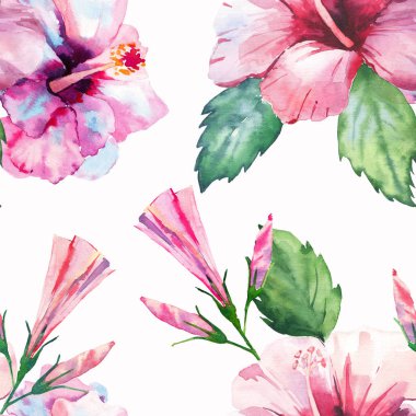Parlak yeşil bitkisel tropikal harika hawaii çiçek yaz desen tropic pembe kırmızı menekşe mavi çiçekler hibiscus suluboya el çizimi. Mükemmel tebrik kartı, tekstil, duvar kağıtları için