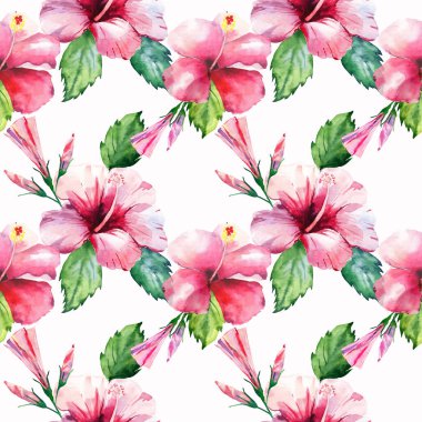 Parlak yeşil bitkisel tropikal harika hawaii çiçek yaz desen tropic pembe kırmızı menekşe mavi çiçekler hibiscus suluboya el çizimi. Mükemmel tebrik kartı, tekstil, duvar kağıtları için