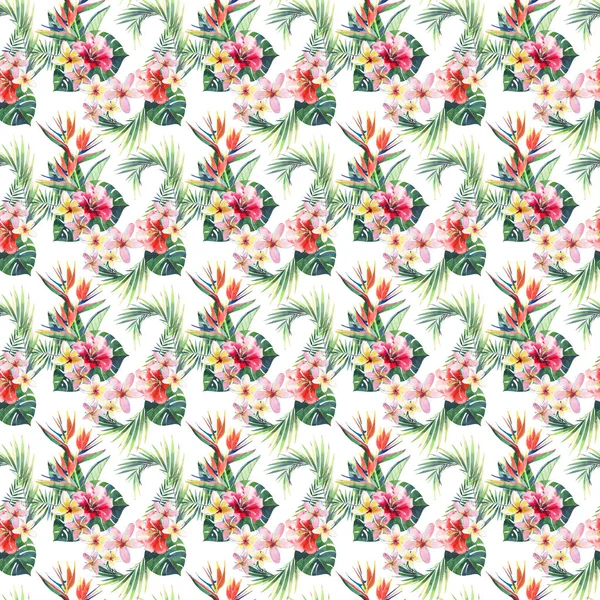 Bright green herbal tropical wonderful hawaii floral summer pattern of a tropic palm leaves and tropic pink red violet blue flowers hibiscus, orchid, lily watercolor hand illustration