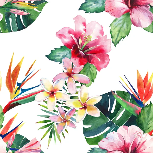 明るい緑ハーブ熱帯素晴らしいハワイ花夏パターン熱帯のヤシの葉とトロピック ピンク赤いバイオレット青い花ハイビスカス ユリ水彩手イラスト — ストック写真