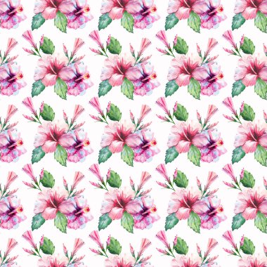 Parlak yeşil bitkisel tropikal harika hawaii çiçek yaz desen tropic pembe kırmızı menekşe mavi çiçekler hibiscus suluboya el çizimi. Mükemmel tebrik kartı, tekstil, duvar kağıtları için