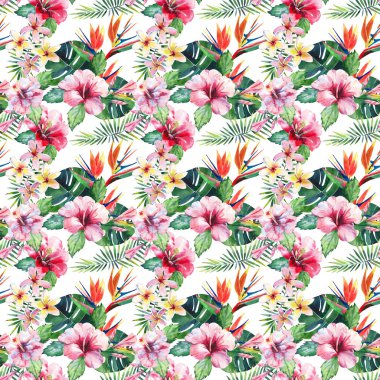 Parlak yeşil bitkisel tropikal harika hawaii çiçek yaz desen bir tropic palmiye yaprakları ve tropic pembe kırmızı menekşe mavi çiçekler ebegümeci, orkide, lily suluboya el çizimi