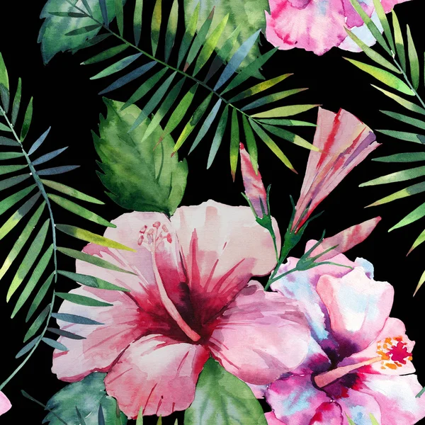 Bright green herbal tropical hawaii floral summer pattern of a tropic palm leaves and tropic pink red violet blue flowers hibiscus, orchid, lily watercolor on dark background hand illustration