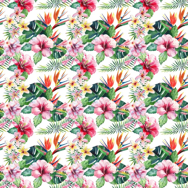 Bright green herbal tropical wonderful hawaii floral summer pattern of a tropic palm leaves and tropic pink red violet blue flowers hibiscus, orchid, lily watercolor hand illustration