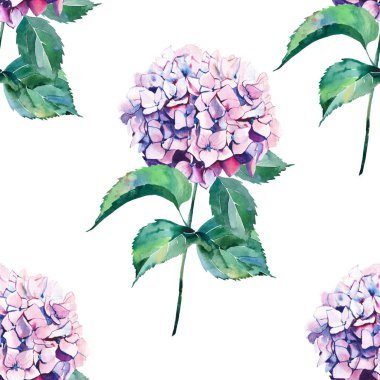 Parlak zarif harika renkli yumuşak yumuşak yaz sonbahar pembe bitkisel çiçek ortanca çiçek yeşil yaprakları geometrik desen suluboya el çizimi. Mükemmel tebrik kartı, tekstil, duvar kağıtları için