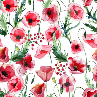 Parlak güzel harika yaz sonbahar bitkisel çiçek kırmızı haşhaş çiçekleri yeşil yaprakları desen suluboya el çizimi. Mükemmel tebrik kartı, tekstil, duvar kağıtları, afiş için