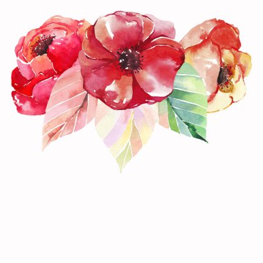 Güzel güzel parlak sonbahar harika renkli bitkisel çiçek kırmızı sarı turuncu çiçek yeşil kırmızı sarı yapraklar desen suluboya resim ver. Mükemmel tebrik kartı, tekstil, duvar kağıtları için