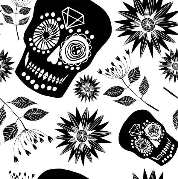 Parlak güzel grafik vintage siyah beyaz iskelet yıldız, çiçekler ve desen vektör çizim bırakır. Mükemmel tebrik kartı, tekstil, afiş, duvarkağıdı, dövme için