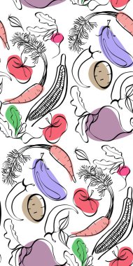 Güzel parlak grafik İskandinav desen organik sebze: patates, domates, kırmızı pancar, soğancık, patlıcan, Mısır, havuç vektör el çizim. Tebrik kartı, tekstil, menü, duvar için mükemmel