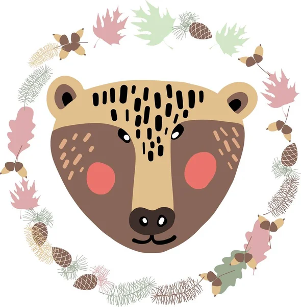 漂亮和简单的动物脸素描 熊和秋季花卉元素 涂鸦风格的儿童图标 完美的贺卡和邀请 纺织品 剪贴画矢量设计 — 图库矢量图片
