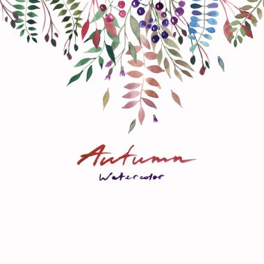 İhale güzel yumuşak sonbahar harika renkli bitkisel çiçek kırmızı sarı turuncu ot, yaprak ve meyveleri kompozisyon suluboya el resimde. Mükemmel tebrik kartı, tekstil