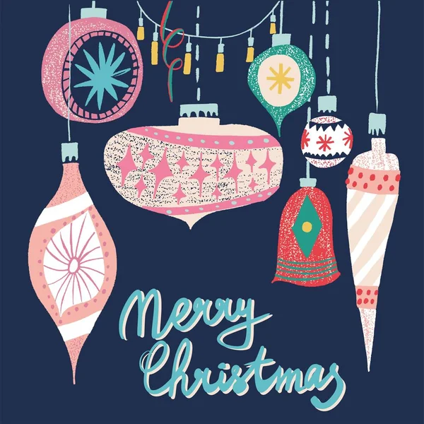 Retro vintage sanat sanatsal İskandinavyalı grafik güzel kış tatil yeni yıl kolaj desen Noel ağacı oyuncaklar el illüstrasyon vektör güzel. Kartları, tekstil, duvar kağıdı arka plan için mükemmel