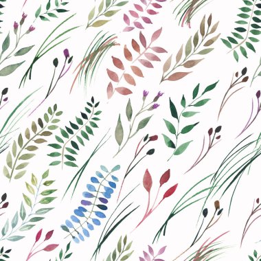 İhale güzel yumuşak sonbahar harika renkli bitkisel çiçek kırmızı sarı turuncu ot, yaprak ve meyveleri suluboya el illüstrasyon model. Mükemmel tebrik kartı, tekstil