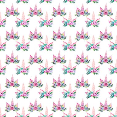 Parlak güzel bahar güzel şirin peri büyülü renkli desen tek boynuzlu at kirpik tebrik kartları, tekstil, arka planlar için çiçek ihale taç suluboya el çizimde mükemmel ile