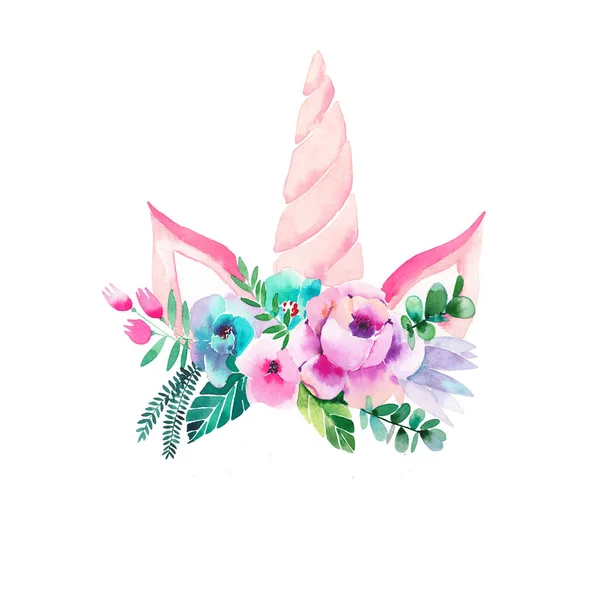 Parlak güzel bahar güzel şirin peri büyülü renkli desen tek boynuzlu at kirpik tebrik kartları, tekstil, arka planlar için çiçek ihale taç suluboya el çizimde mükemmel ile