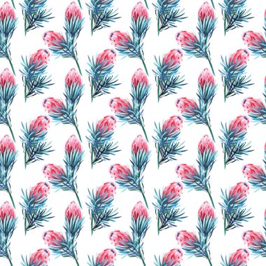 Pembe protea çiçekler suluboya el illüstrasyon parlak yeşil bitkisel tropikal harika çiçek yaz deseni. Tekstil, duvar kağıtları, davet, ambalaj kağıdı, telefon durum için mükemmel