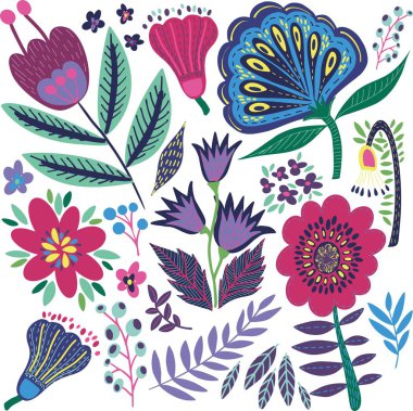 Güzel parlak rustik Halk sanat elle çizilmiş çiçek yeşil yaprakları vektör çizim ile bitkisel çiçek desenli. Tebrik kartı, tekstil, kumaş, duvar kağıtları, afiş, telefon durum için mükemmel