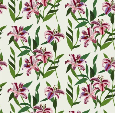 Harika güzel parlak bahar yaz bitkisel çiçek kırmızı pembe lilyum çiçek yeşil yaprakları vektör çizim ile. Tebrik kartı, tekstil, kumaş, duvar kağıtları, afiş, telefon durum için mükemmel