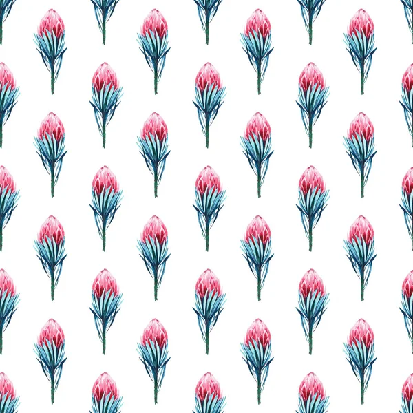 ピンクのプロテアの花水彩手図の明るい緑のハーブ熱帯の素晴らしい花夏パターン 最適なテキスタイル 招待状 包装紙 携帯電話ケース — ストック写真