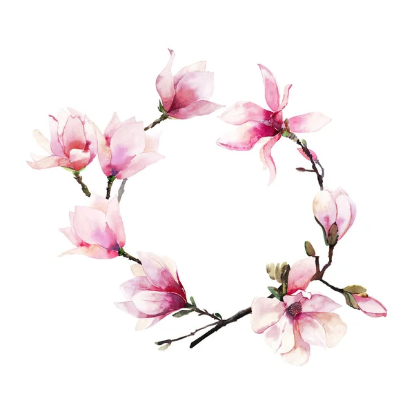 美丽可爱的柔嫩的草药美妙的花卉夏季花环粉红色的日本木兰花水彩画手插图 适用于纺织品 邀请函 包装纸 电话亭 — 图库照片#