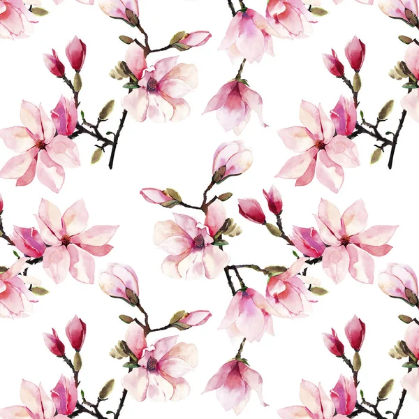 美丽可爱的柔嫩的草药美妙的花卉夏季图案的粉红色的日本木兰花水彩画手的插图 适用于纺织品 邀请函 包装纸 电话亭 — 图库照片#