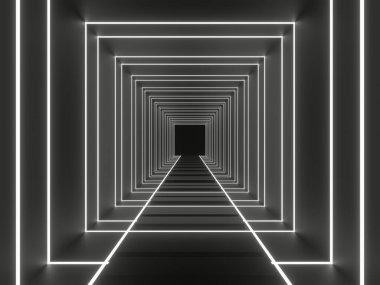 Üç boyutlu neon tünel. Beyaz neon ışıklı siyah koridor