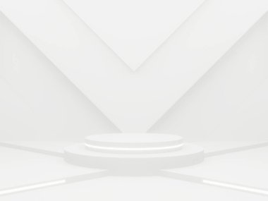 Üç boyutlu beyaz geometrik podyum ve neon ışıkları. Beyaz arkaplan