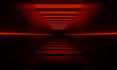 Üç boyutlu kırmızı neon tünel. Kırmızı neon ışıklı siyah arkaplan