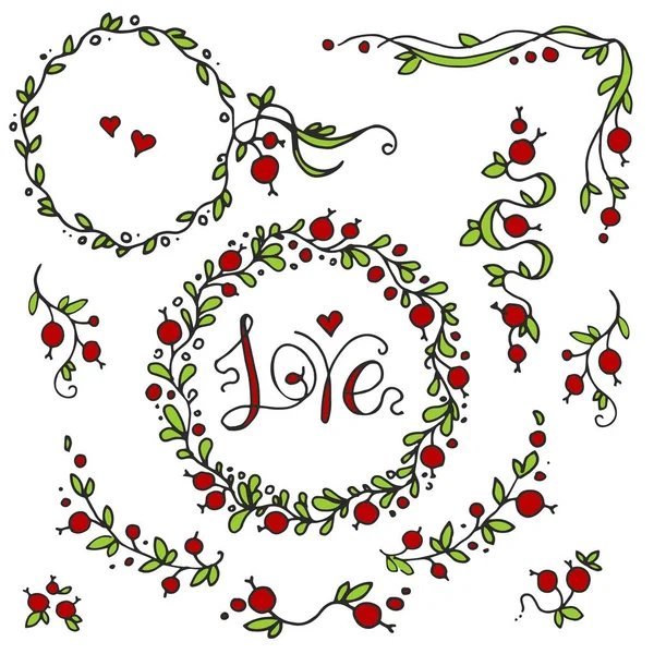 赤い果実と葉と愛という言葉のイメージでカードのデザインの美しい要素のセット — ストックベクタ