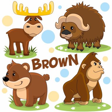 Set of wild animals brown for children and design. Image of bear characters, chimpanzee, moose and yak. clipart