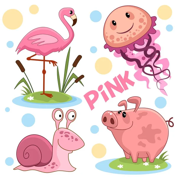 A set of wild and domestic animals, birds, insects of pink color for children and design. The image of a character, a flamingo, a snail, a jellyfish and a pig.